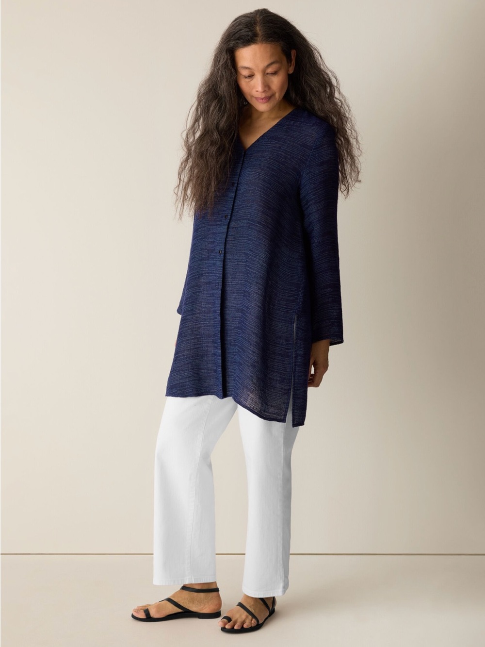 EILEEN FISHER Linen Gauze Strata V-Neck Long Top in Ink - Picture 4 of 10